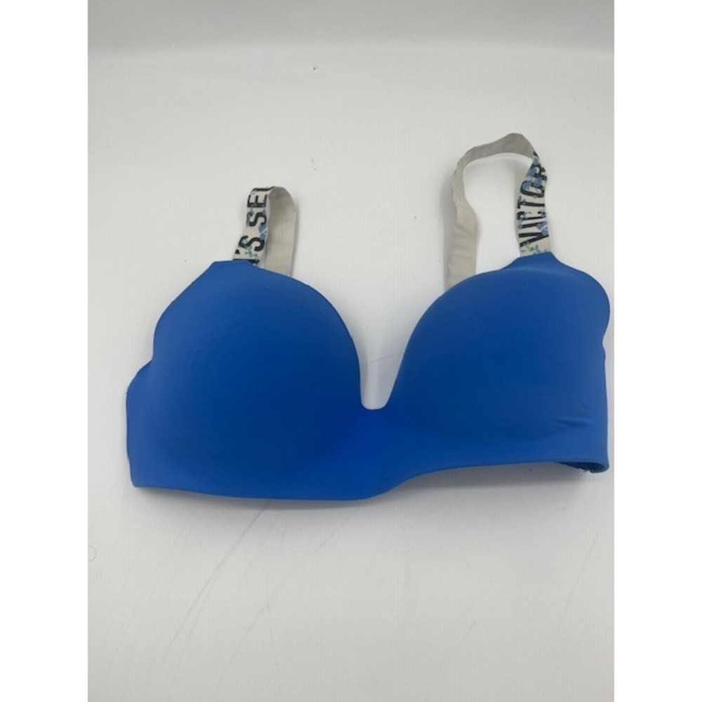 Victoria's Secret T-Shirt Bra Women 36D Blue Good Wireless Floral Logo Straps